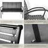 A collage of four images showcasing a black garden bench from different angles and close-ups of its features. Náhled obrázku produktu