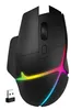 A black wireless gaming mouse with RGB lighting and a USB receiver. Produktbild-Vorschau