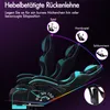 A gaming chair is shown in multiple reclining positions with labels indicating different uses such as playing games, using a mobile phone, and napping. Produktbild-Vorschau