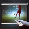 A hand holding a remote control in front of a projection screen displaying a soccer game. Produktbild-Vorschau