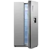 A silver side-by-side refrigerator with the left door slightly ajar, revealing the interior. Produktbild-Vorschau