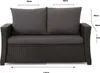A product shot of a two-seater outdoor sofa with cushions, featuring measurement annotations. Produktbild-Vorschau