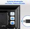 The back of a TV is shown with icons indicating media playback capabilities, and a USB drive is shown connected to the TV. Produktbild-Vorschau