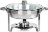 A stainless steel chafing dish with a glass lid and a fuel burner. Anteprima dell’immagine prodotto