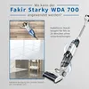 A woman is lying on the floor next to a vacuum cleaner, with images of different floor types shown. Produktbild-Vorschau