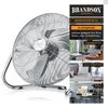 A large chrome floor fan is shown on the left, with marketing text and lifestyle images of rooms on the right. Podgląd zdjęcia produktu