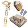 A collage of images showing a wooden attic ladder, a close-up of its insulation, and a packaged version of the ladder. Produktbild-Vorschau