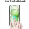 A hand is touching the screen of a smartphone, with a glowing circle indicating the touch point. The phone screen displays abstract green shapes. Produktbild-Vorschau
