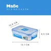 A transparent food storage container with blue accents, shown with dimensions indicated by lines and text. Voir les images du produit