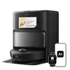 A black robot vacuum cleaner with its docking station, a smartphone, and a smartwatch are displayed against a white background. Produktbild-Vorschau