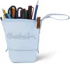 A light blue pencil case filled with pens, pencils, and scissors, standing upright. Produktbild-Vorschau
