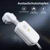 A close-up shot of a white electrical plug with a safety device attached, set against a dark, gradient background. Produktbild-Vorschau