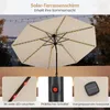 A solar-powered patio umbrella with LED lights, shown in a nighttime outdoor setting with string lights in the background. Insets highlight the LED lights, a power switch, and a solar panel. Náhled obrázku produktu
