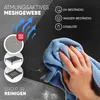 A hand cleaning a dark mesh fabric with a blue cloth, with text and graphics highlighting product features. Produktbild-Vorschau