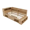 A wooden bed frame with built-in storage and shelving. Voir les images du produit