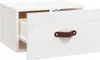 A white wooden wall-mounted nightstand with one drawer partially open, revealing a brown leather handle. Náhľad obrázku produktu