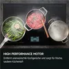 A stovetop with pots and pans cooking food, with text overlay describing a feature. Produktbild-Vorschau