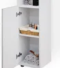 A white cabinet with its door open, showing shelves with toiletries and towels. Voir les images du produit