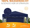 A blue gazebo with text and icons highlighting its features. Produktbild-Vorschau