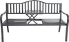 A dark gray metal garden bench with an integrated folding table in the center, shown against a white background. Produktbild-Vorschau