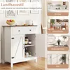 A collage of images showing a white sideboard with a brown top, presented in different room settings (kitchen, dining room, living room, hallway) and a close-up of the sideboard's interior. Produktbild-Vorschau