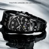 A black metal watch with a black dial is displayed on a reflective black surface, with a light gray background. Produktbild-Vorschau