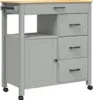 A grey kitchen cart with a wooden top and black handles is shown against a white background. Náhled obrázku produktu