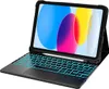 A black tablet case with a keyboard and touchpad, attached to a tablet displaying a colorful abstract image. Voir les images du produit