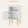 A diagram showing the dimensions of a white wooden nightstand with wooden legs. Podgląd zdjęcia produktu