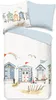 A flat lay of a duvet cover and pillowcase with a beach house theme. Produktbild-Vorschau
