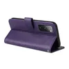 A purple flip cover phone case is shown from the side, with the phone inserted and the cover partially open. Produktbild-Vorschau