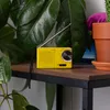 A yellow portable radio sits on a wooden shelf surrounded by lush green plants. Produktbild-Vorschau