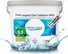 A white bucket of pool chlorine tablets with water splashing around it. Produktbild-Vorschau