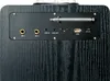 Close-up view of the back panel of a black wooden speaker, showing various input and output ports. Produktbild-Vorschau