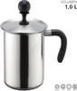 A stainless steel milk frother with a black handle and lid knob, shown against a white background. Produktbild-Vorschau