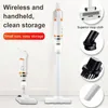 A collage of images showcasing a white and gold handheld vacuum cleaner, its accessories, and descriptive text. Produktbild-Vorschau