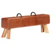 A vintage-style pommel horse bench with leather upholstery and wooden legs, presented against a white background. Voir les images du produit