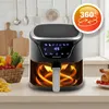 An air fryer is shown on a kitchen counter, with food items like fries and a roasted chicken nearby. The background depicts a kitchen setting with utensils and cabinets. Náhled obrázku produktu