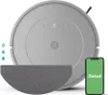 A robot vacuum cleaner and a smartphone are displayed on a white background. Voir les images du produit