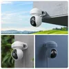 Collage of a white outdoor security camera in different conditions: daylight, rain, and night with spotlight. Produktbild-Vorschau