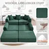 A modular green sofa is shown with various informational graphics and text overlays highlighting its features. Produktbild-Vorschau