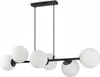 A modern black chandelier with six white glass globe shades, suspended from a black rectangular ceiling mount. Náhled obrázku produktu