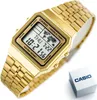 A gold Casio digital watch with a metal band is shown on a white background, with its box nearby. Produktbild-Vorschau