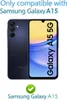 A dark blue Samsung Galaxy A15 5G phone is shown with its screen displaying text. Produktbild-Vorschau