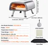 A stainless steel pizza oven with dimensions and accessories shown. Produktbild-Vorschau
