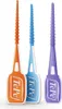 Three interdental brushes in orange, blue, and purple colors are arranged side-by-side against a white background. Produktbild-Vorschau