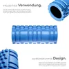 A marketing image showing a blue foam roller with text describing its features and benefits. Produktbild-Vorschau