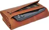 A brown leather wallet with a phone partially inserted into an open compartment. Produktbild-Vorschau