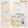 A diagram showing the dimensions of a white vanity table set with gold accents, including drawers, a mirror, and a stool. Podgląd zdjęcia produktu
