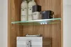 A close-up view of a bathroom storage unit with shelves holding various toiletries and a small silver case. Produktbild-Vorschau
